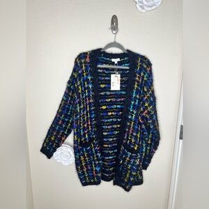 NTM Velzera Boho Eyelash Knit Cardigan 2X3X Black Rainbow Open Front Pockets NWT